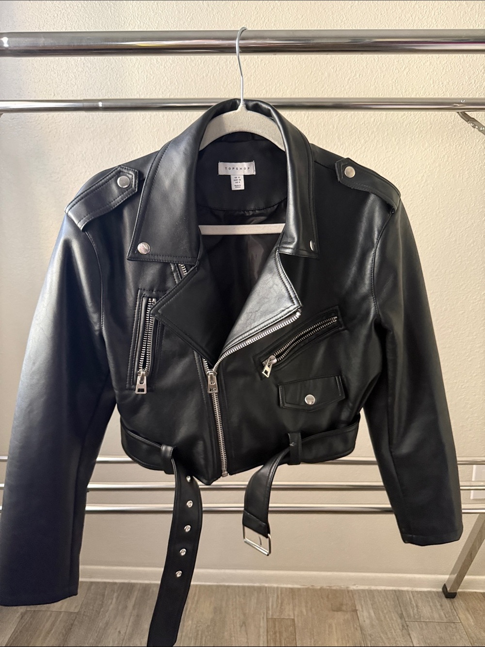 Topshop Black Faux Leather Cropped Moto Jacket with Belted Waist